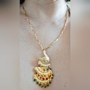 Vintage 80s Jewelled Golden Peacock Necklace